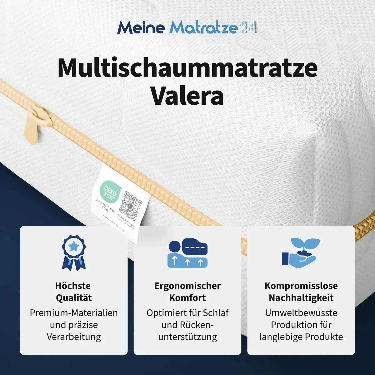 Preview: Infografik der Hybridmatratze Valera mit Premium-Qualität, ergonomischem Schlafkomfort und Öko-Tex Standard 100.